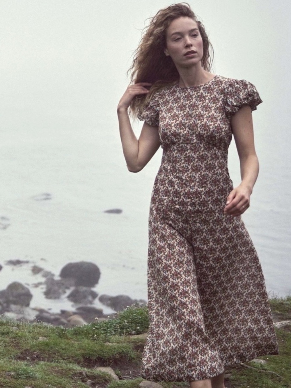 Doen Floral Puff-Sleeve Maxi Dress in Beige and Rust